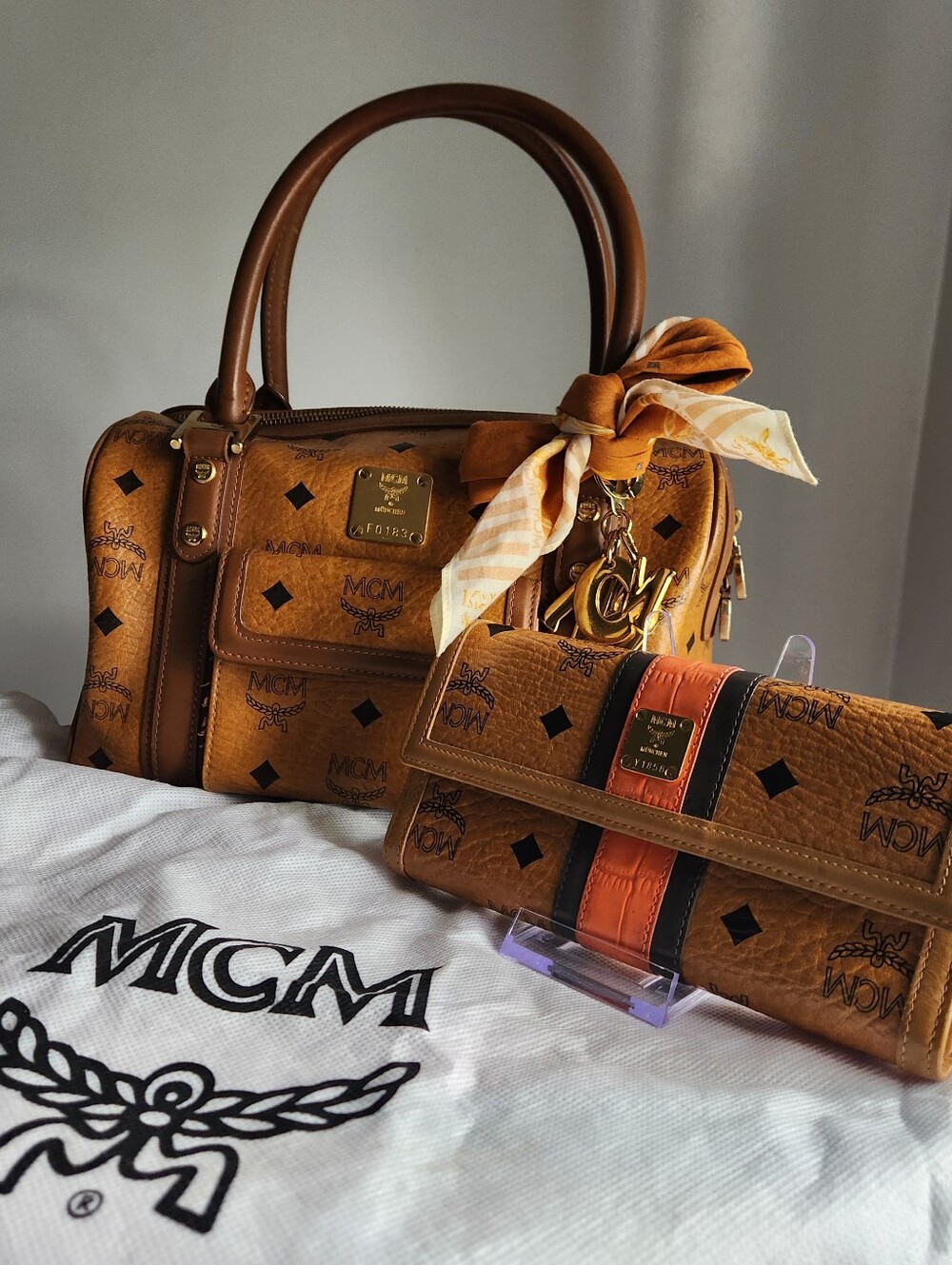 MCM Cognac Monogram Boston satchel 6 pc set EUC